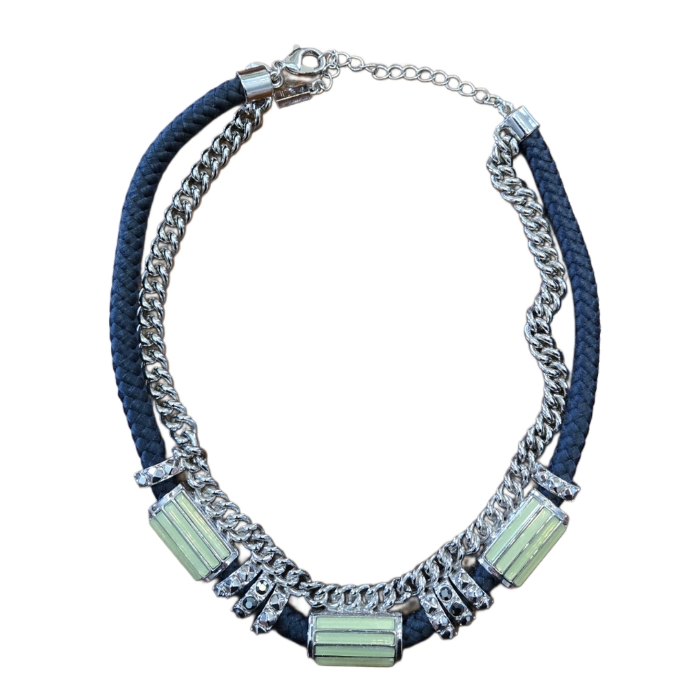 Lia Sophia Silver Chain Black Braided Cord Statement Chunky Necklace Edgy